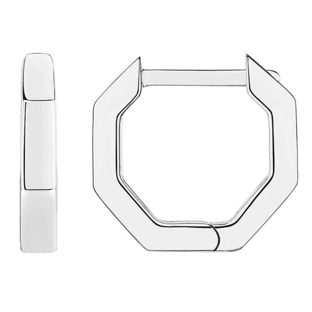 14K White Gold Plated Huggie Hoop Sterling Silver Post Geometric Earrings